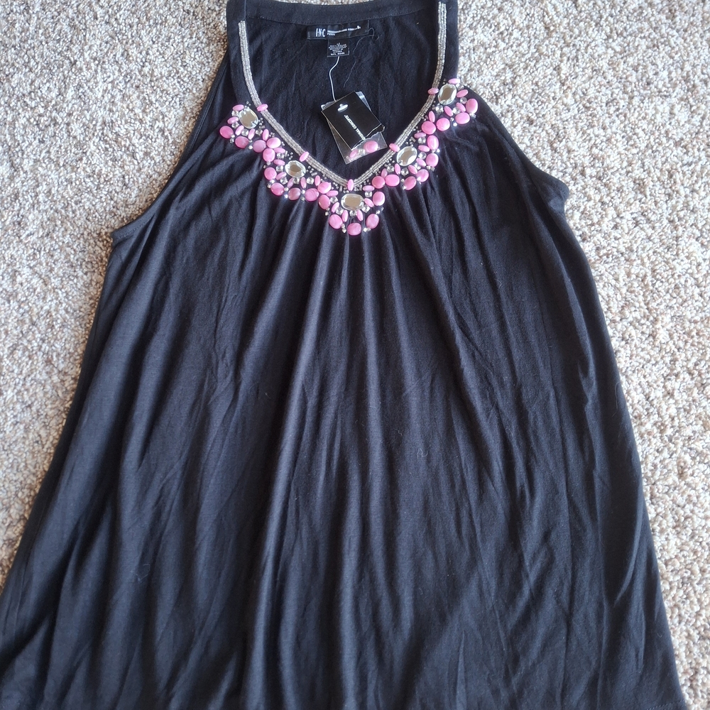 INC International Concepts Black Sleeveless Tank with Pink Beaded Neckline